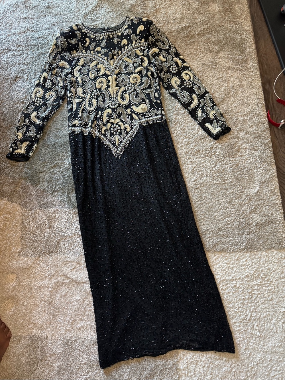 100% vintage pure silk beaded pearl sequin gown